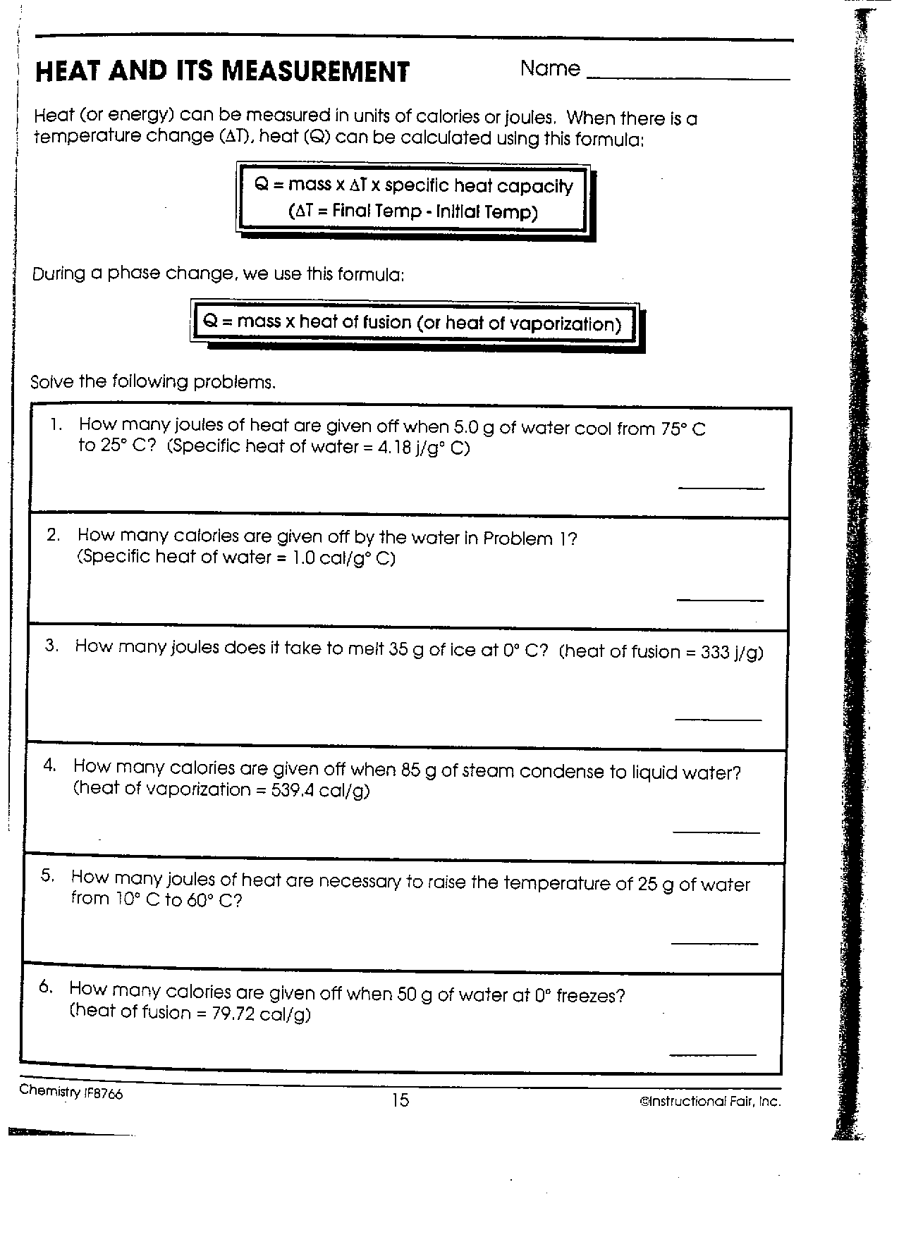 Heat And Its Measurement Worksheet Answers